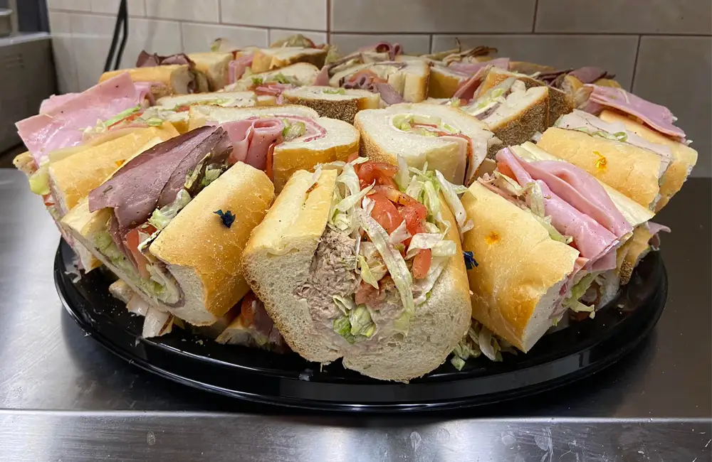 Side view of sliced hoagie tray